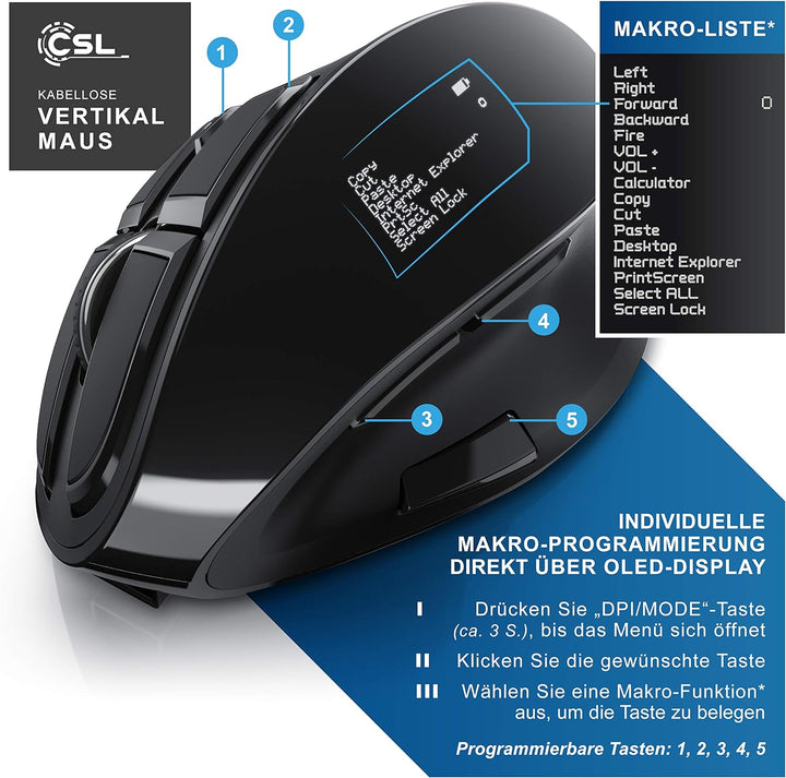 CSL - optische vertikale Maus kabellos - Wireless Mouse – Funkmaus mit OLED Display - 2,4 Ghz - gege