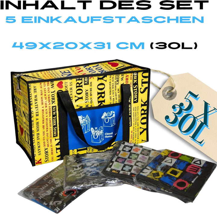 5er-Set Einkaufstaschen (5x30L) mit Reissverschluss & Vordertasche, extrem strapazierfähige & wieder
