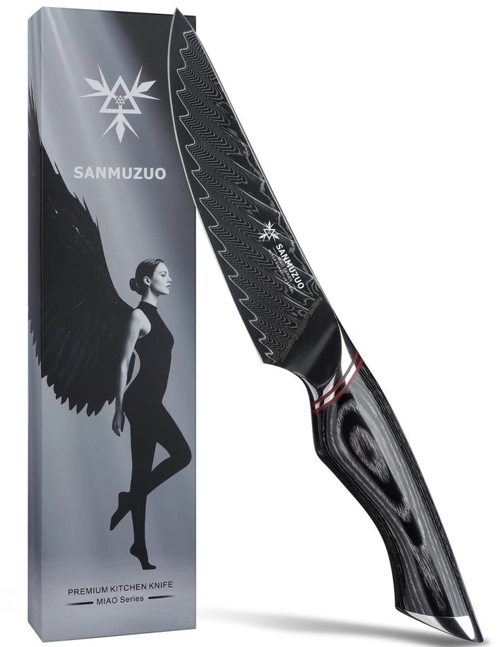 13 cm Allzweckmesser – Obst- und Gemüsemesser, schwarzer Damaststahl mit ergonomischem Griff – Miao