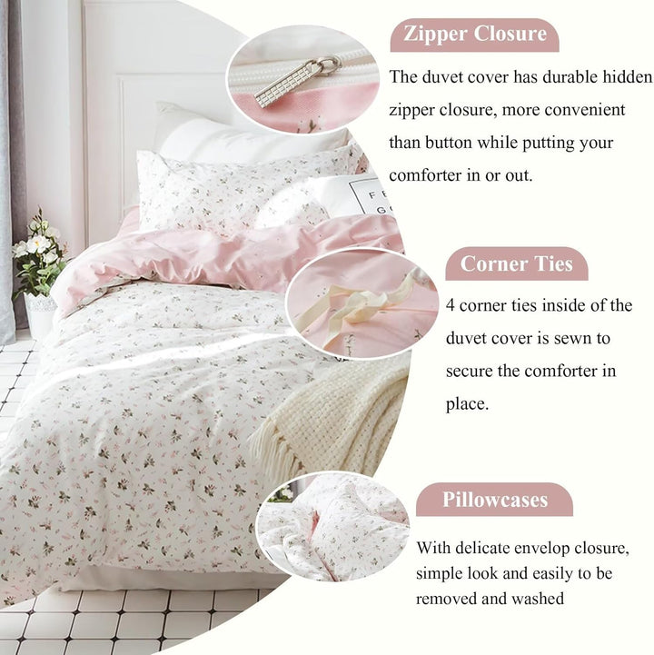 VCLIFE Queen-Bettwäsche-Set aus Baumwolle, Rosa/Weiss, Blumenmuster, Bettbezüge mit Reissverschluss,