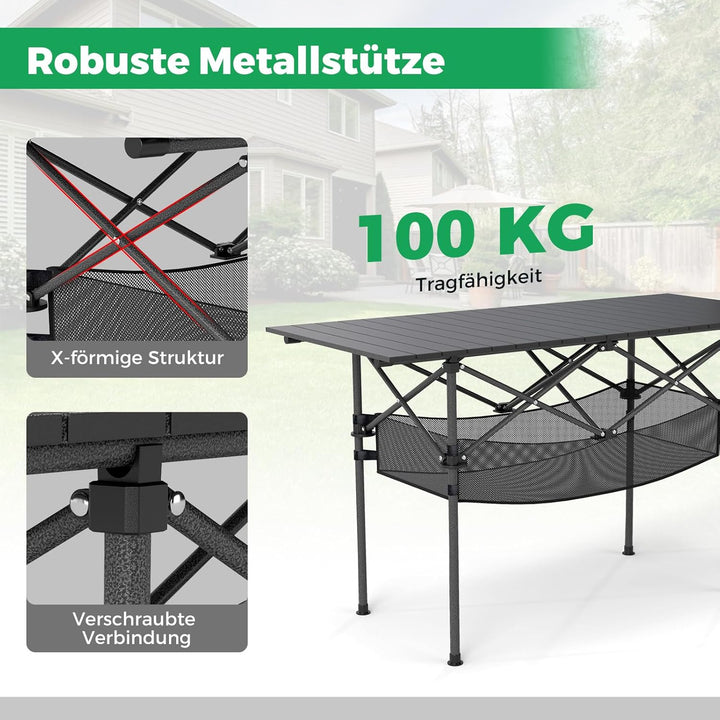 COSTWAY Campingtisch klappbar 119x55cm, Klapptisch mit aufrollbarer Aluminium-Tischplatte & Netzkorb