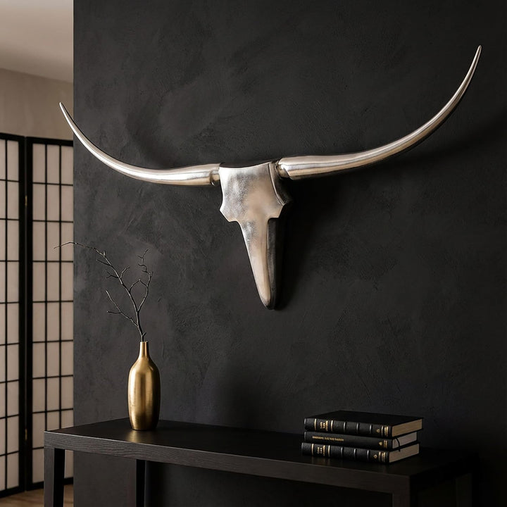 FineBuy Bull Geweih L Wanddekoration 125 cm Deer Alu Aluminium Farbe Silber Wandgestaltung Wandgewei