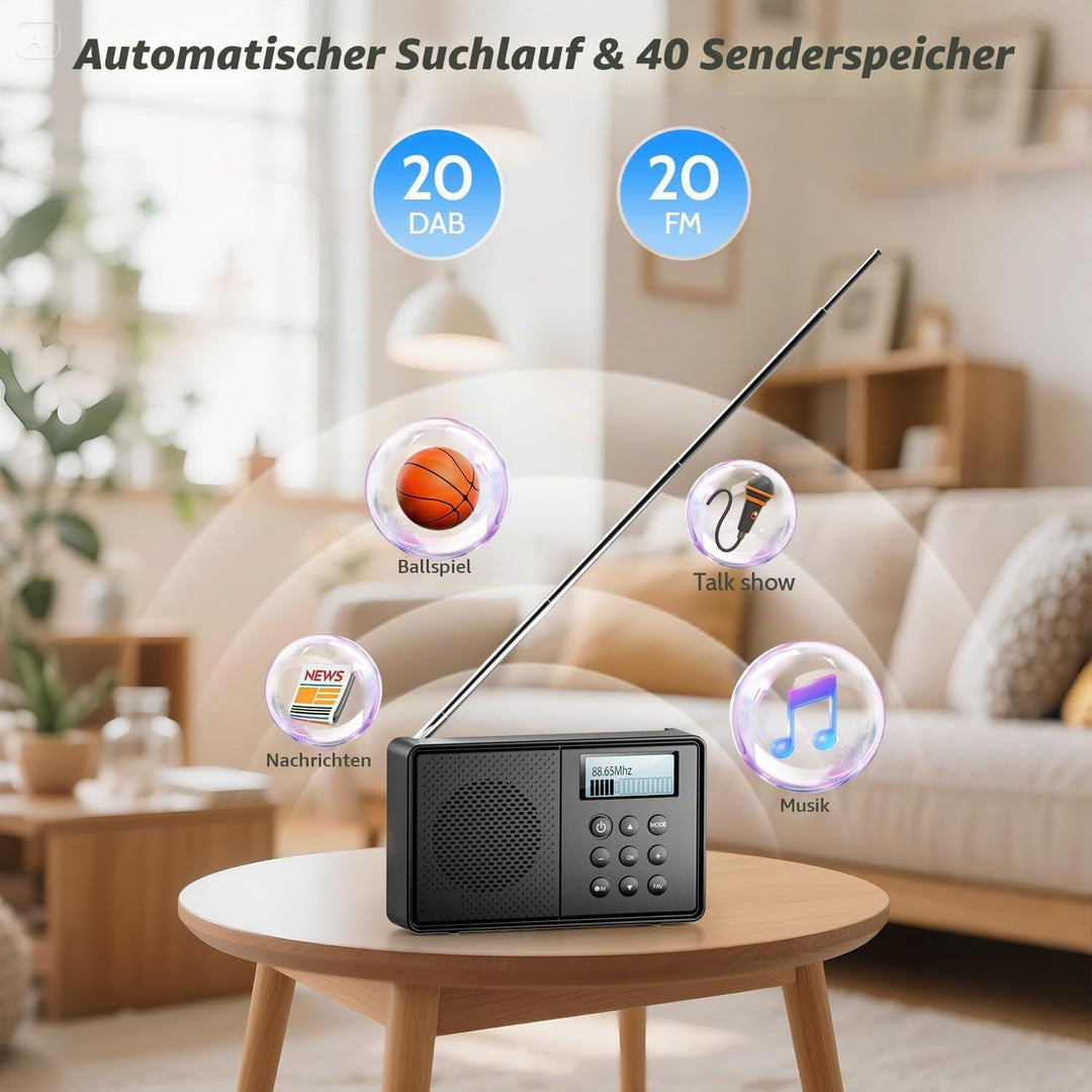 Arafuna DAB Plus Radio mit 40 Voreinstellungen, DAB Radio mit Bluetooth, 2200mAh Digitalradio, Dual