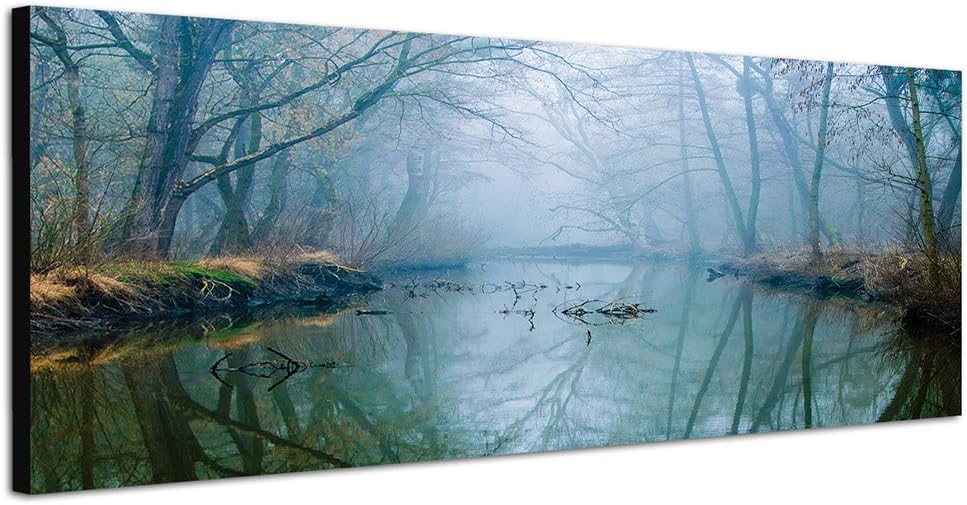 Paul Sinus Art Panoramabild auf Leinwand und Keilrahmen 150x50cm Wald Bäume Fluss Nebel Dunst