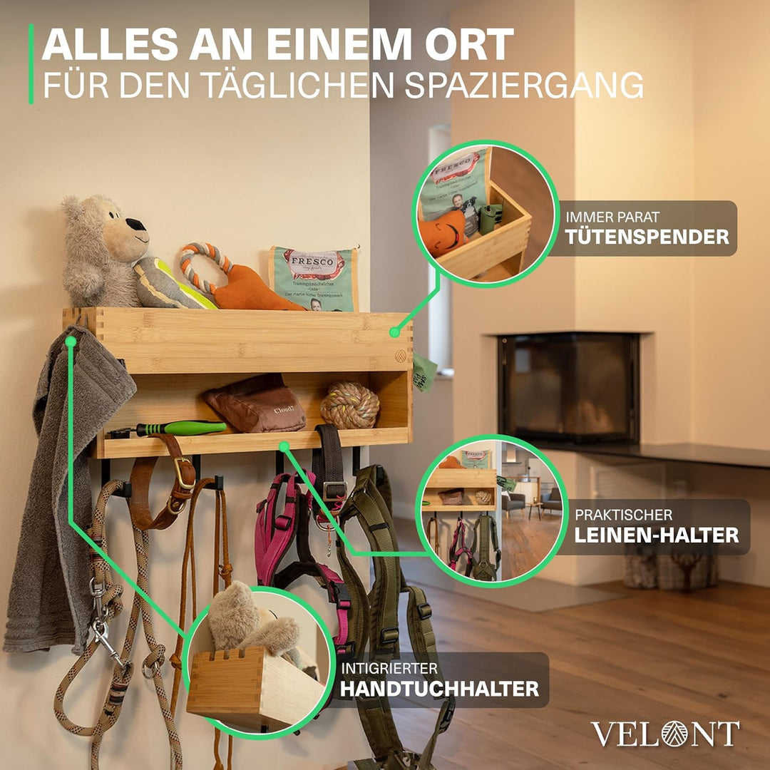 VELONT Hundegarderobe mit Ablage Personalisiert - Grösse XL - Perfekter Leinenparkplatz - Bambus - D