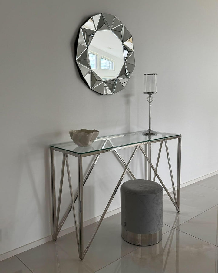 Schmaler Konsolentisch rechteckig transparent Metallgestell silber Glamour Weso