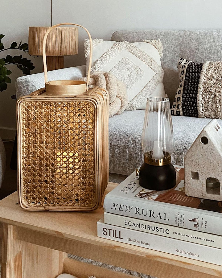 Laterne Rattan natürlich rechteckig 28 cm mit Griff Glaseinsatz Deko Boho Bantul