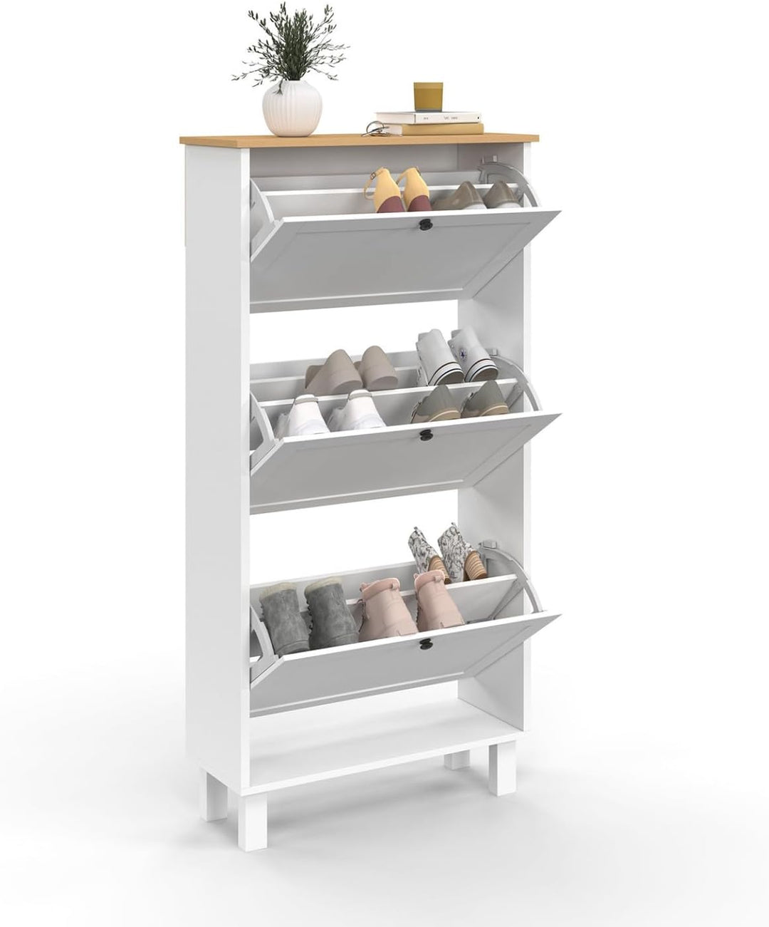 IDMarket - Schuhmöbel 18 Paar ACHILLE 3 Türen weiss und Holzplatte