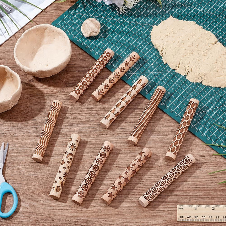 UNICRAFTALE 10 Stück 10 Stile Holz Ton Textur Rollen Set Für Töpferkeramik Töpferstempel Rollen Werk