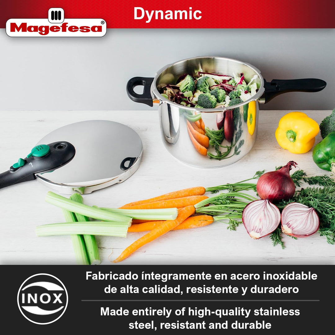 MAGEFESA ® Dynamic Schnellkochtopf 6 Liter + Korb, hergestellt aus 18/10 Edelstahl, für alle Herdart