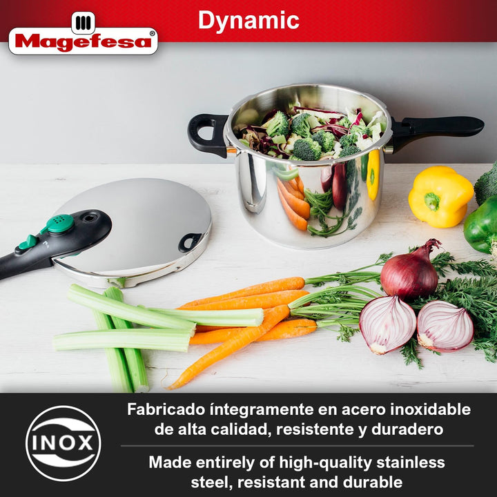 MAGEFESA ® Dynamic Schnellkochtopf 7.5 Liter + Korb, hergestellt aus 18/10 Edelstahl, für alle Herda