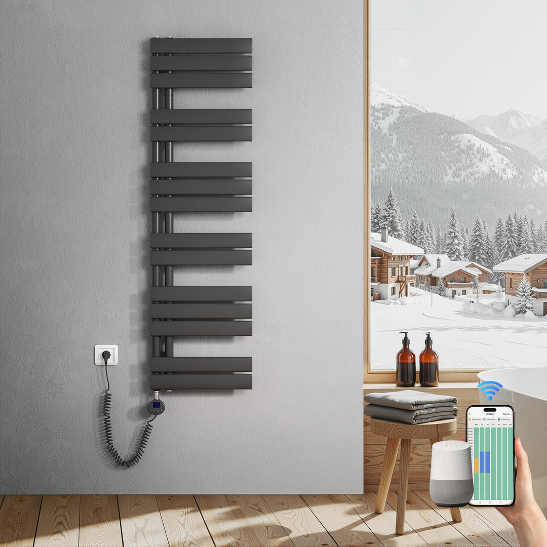 Heilmetz Badheizkörper Elektrisch 1385 x 400mm Anthrazit mit WIFI Smart Heizstab 600W, Flach Handtuc