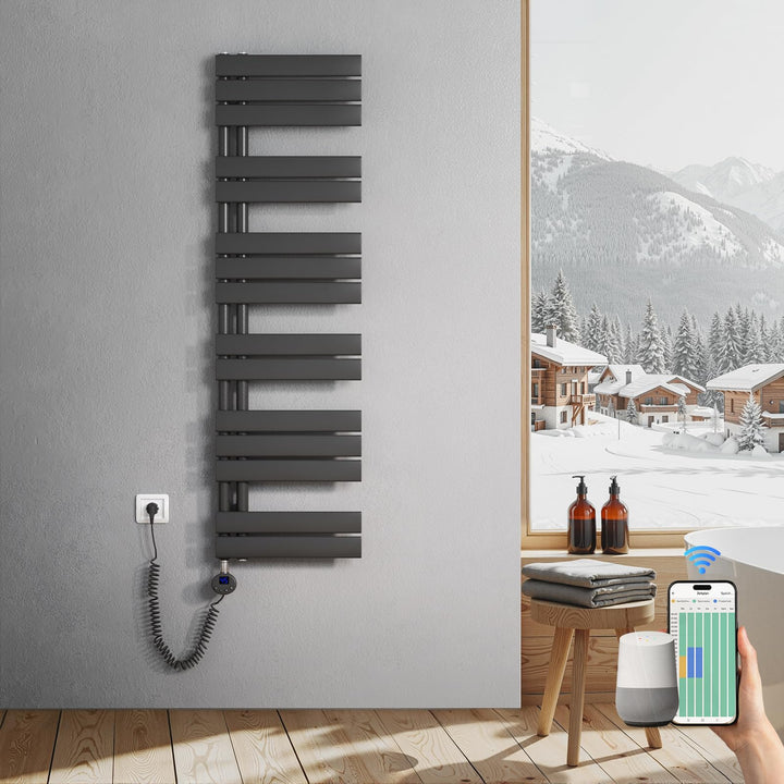 Heilmetz Badheizkörper Elektrisch 1385 x 400mm Anthrazit mit WIFI Smart Heizstab 600W, Flach Handtuc