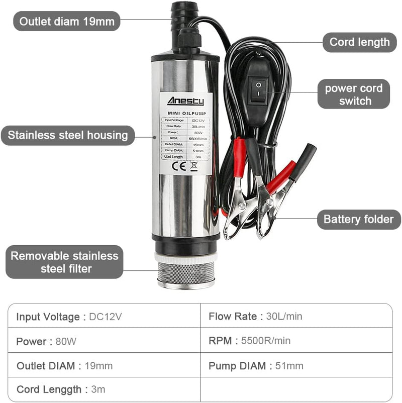 Edelstahl Transfer Pumpe 12V 51mm Wasserpumpe Tauchpumpe für Auto Diesel Öl Heizöl Wasser Kraftstoff