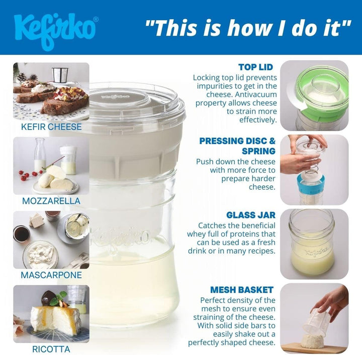 Kefirko Cheese Maker - Set für selbstgemachten Frischkäse und Joghurt, 1,4 Liter (Grün)