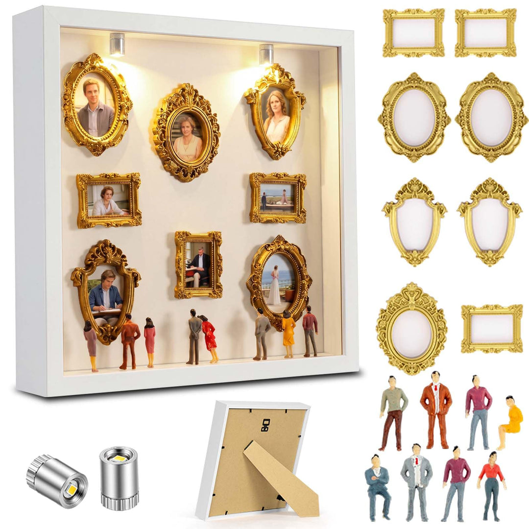 Aolso DIY Mini‑Museum‑Schattenbox mit LED, Mini Bilderrahmen Vintage Weiss, Weiss