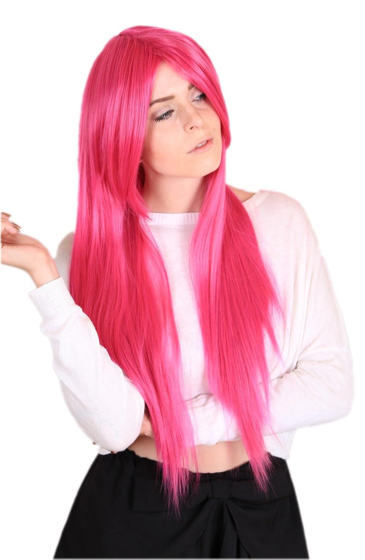 Prettyland Damen 80cm Pink Glatt Hitzefest Fasching Halloween lang-haar Perücke Wig Hot-Pink C116, p