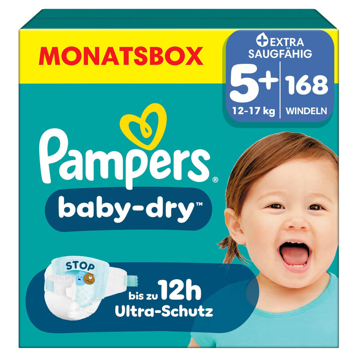 Pampers Windeln Grösse 5+ (12-17kg) Baby-Dry, Junior Plus, MONATSBOX, bis zu 12 Stunden Rundum-Ausla