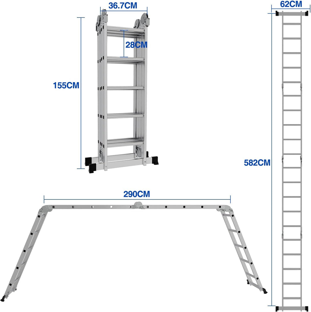 Ikodm 4x5 Stufen Mehrzweckleiter 5,82 m 7 in 1 Aluminium Multifunktionsleiter bis 150 kg mit 2 Trans