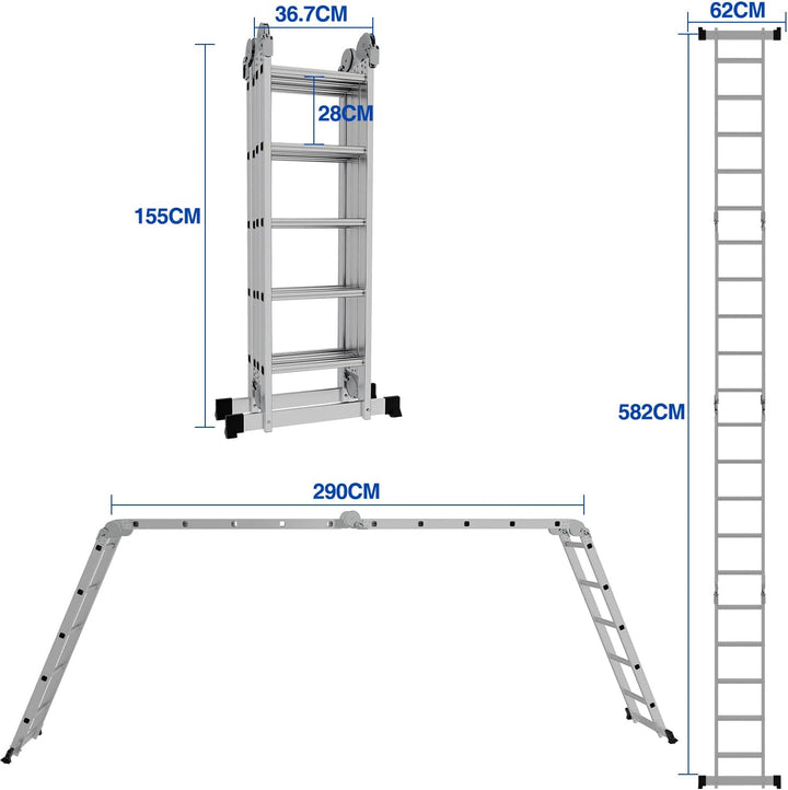 Ikodm 4x5 Stufen Mehrzweckleiter 5,82 m 7 in 1 Aluminium Multifunktionsleiter bis 150 kg mit 2 Trans