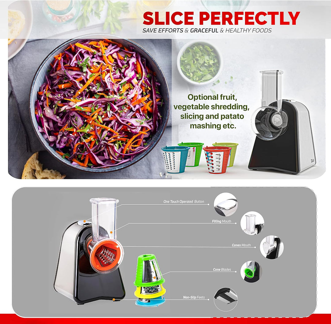 Zilan Gemüseschneider, elektrisch, 4 in 1, Raspeln, Schaben, Mandoline, Gemüse, Obst, 200 W