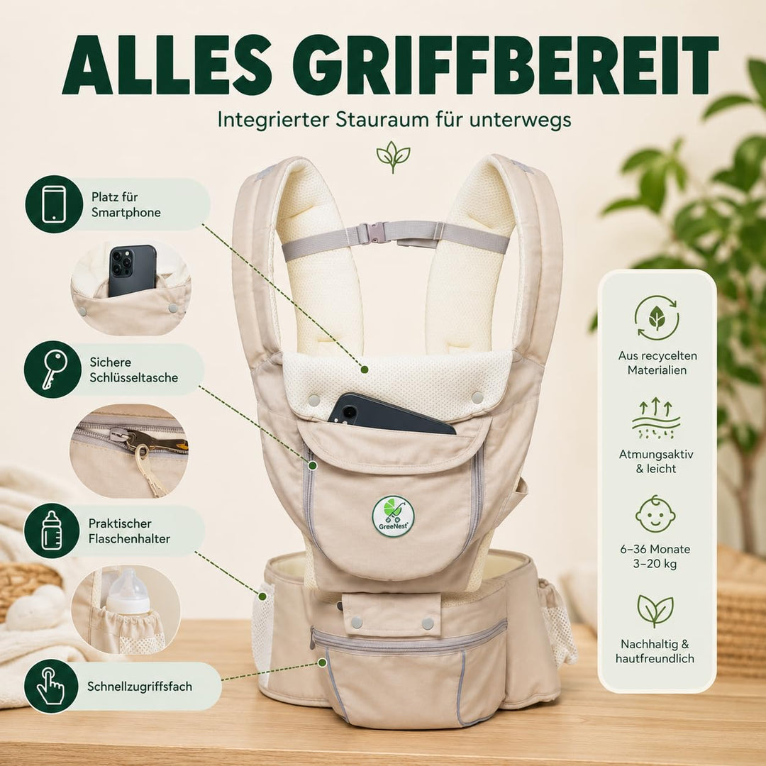 ÖKO Babytrage mit Hüftsitz 3 in 1 aus recycelten Materialien Bauchtrage, Hüfttrage &amp; Rückentrage - a