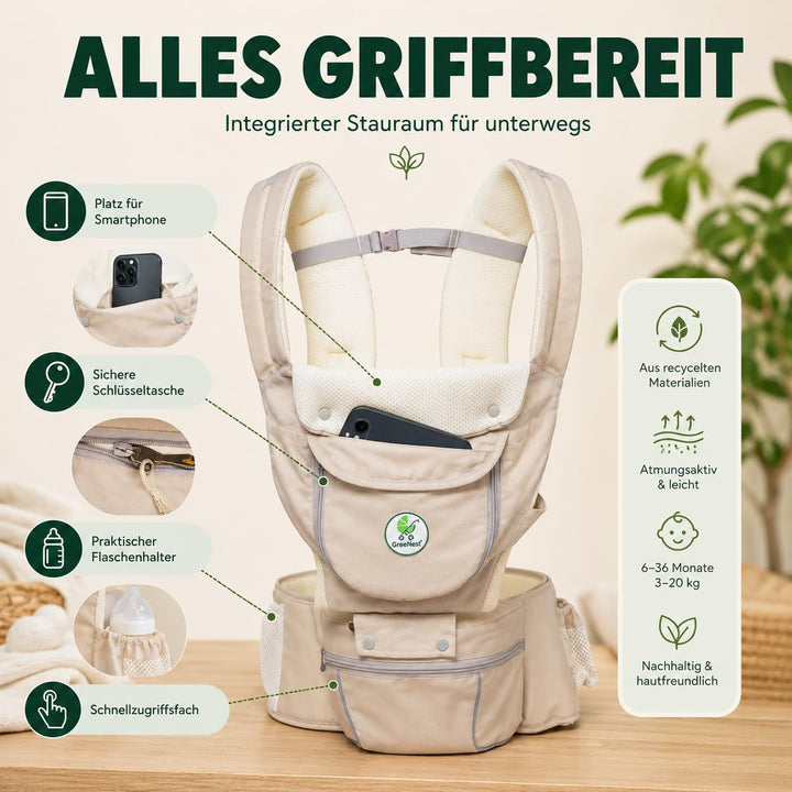 ÖKO Babytrage mit Hüftsitz 3 in 1 aus recycelten Materialien Bauchtrage, Hüfttrage &amp; Rückentrage - a
