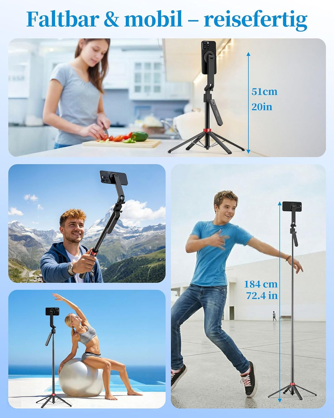 PlusAcc 184cm Auto Face Tracking Stativ – Magnetischer Selfie Stick für iPhone, 360° Drehung Halter