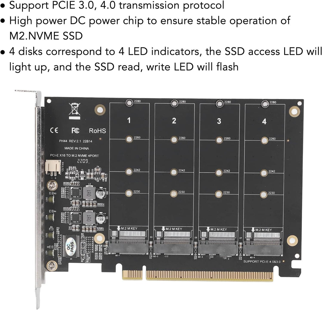 Bewinner 4 Port M.2 NVME SSD auf PCIE X16 Adapter, High Speed 4x32Gbps Soft Raid Card mit Individu