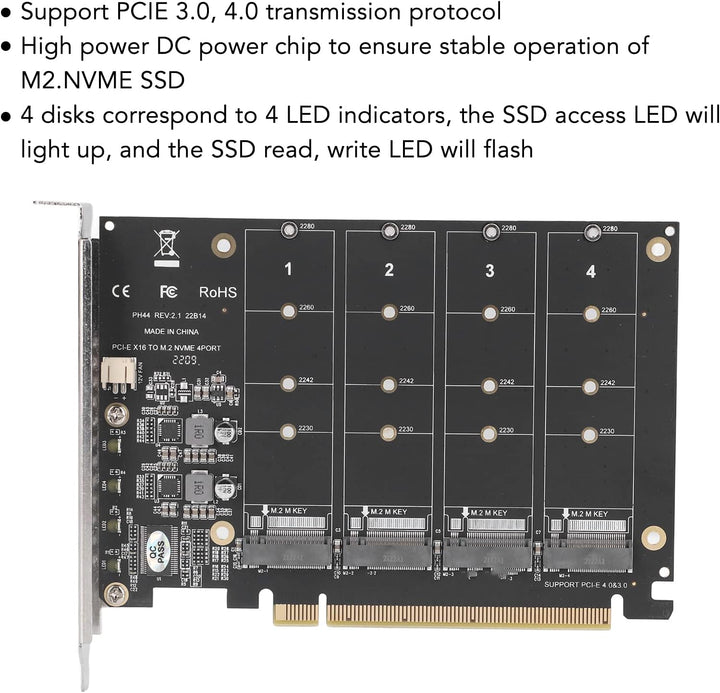 Bewinner 4 Port M.2 NVME SSD auf PCIE X16 Adapter, High Speed 4x32Gbps Soft Raid Card mit Individu