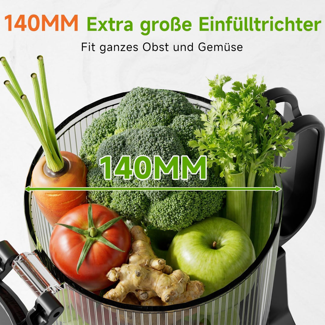 Canoly Entsafter, 400W Slow Juicer, Saftpresse mit 140mm Grosser Fütterungsrutsche für Ganze Gemüse