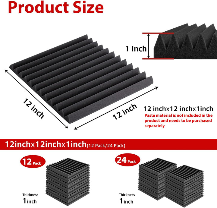 FONESO 48 Stück Akustikpaneele, 2.5x30.5x30.5 cm, schalldichte Schaumstoffplatten für Wände, Keilsch