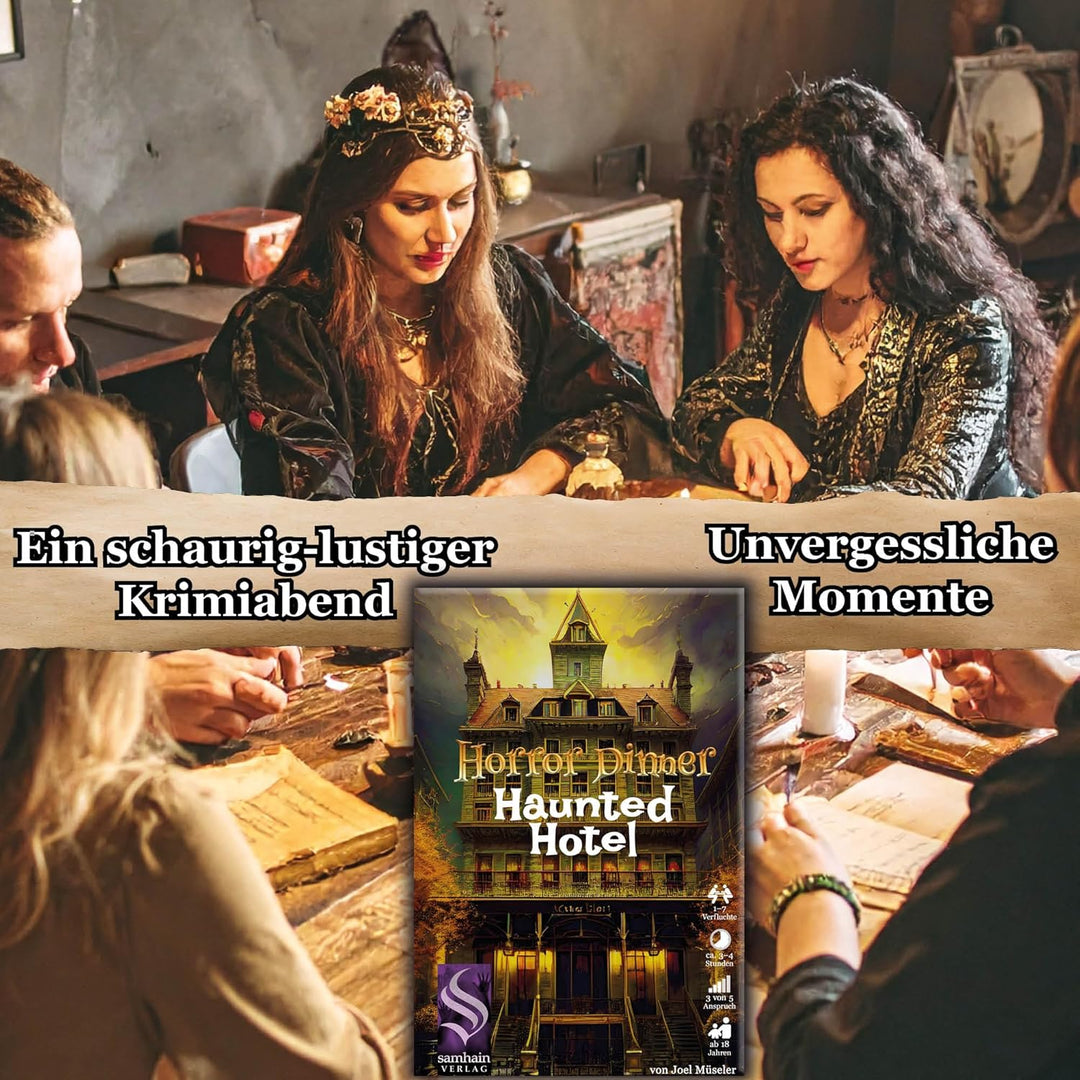 HORRORDINNER - Haunted Hotel - Krimidinner für 1-7 Spieler, Ab 18 Jahren, 3 Stunden Spielzeit, Schwa