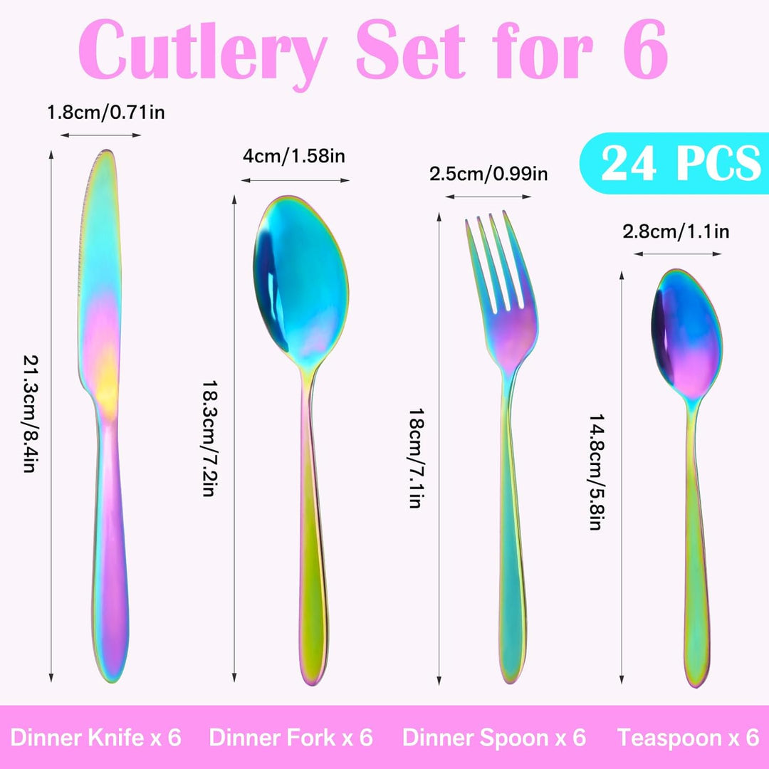 RETON 24 Stücke Bunt Besteck für 6 Personen, Edelstahl Gabel Messer Löffel Set, Camping Cutlery für