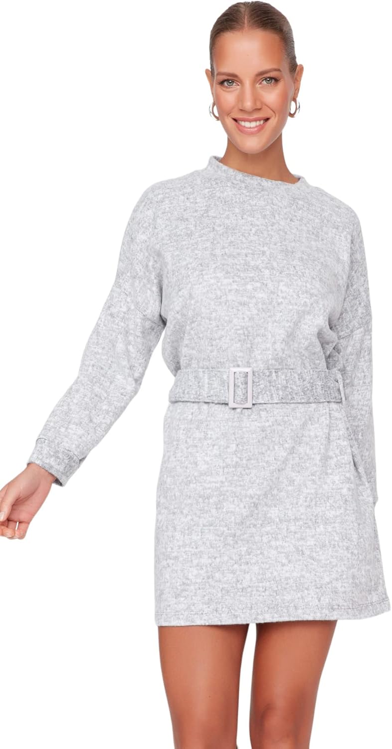 TRENDYOL Damen Woman Midi Bodycon Asymmetrischer Kragen Gestrickt Kleid XS Grau, XS Grau