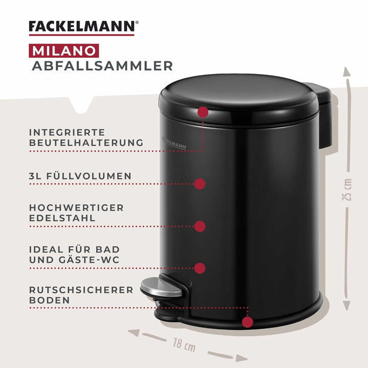 Fackelmann MILANO Pedal-Abfallsammler 3L Black mat – Eleganter Abfalleimer in Schwarz matt, integrie