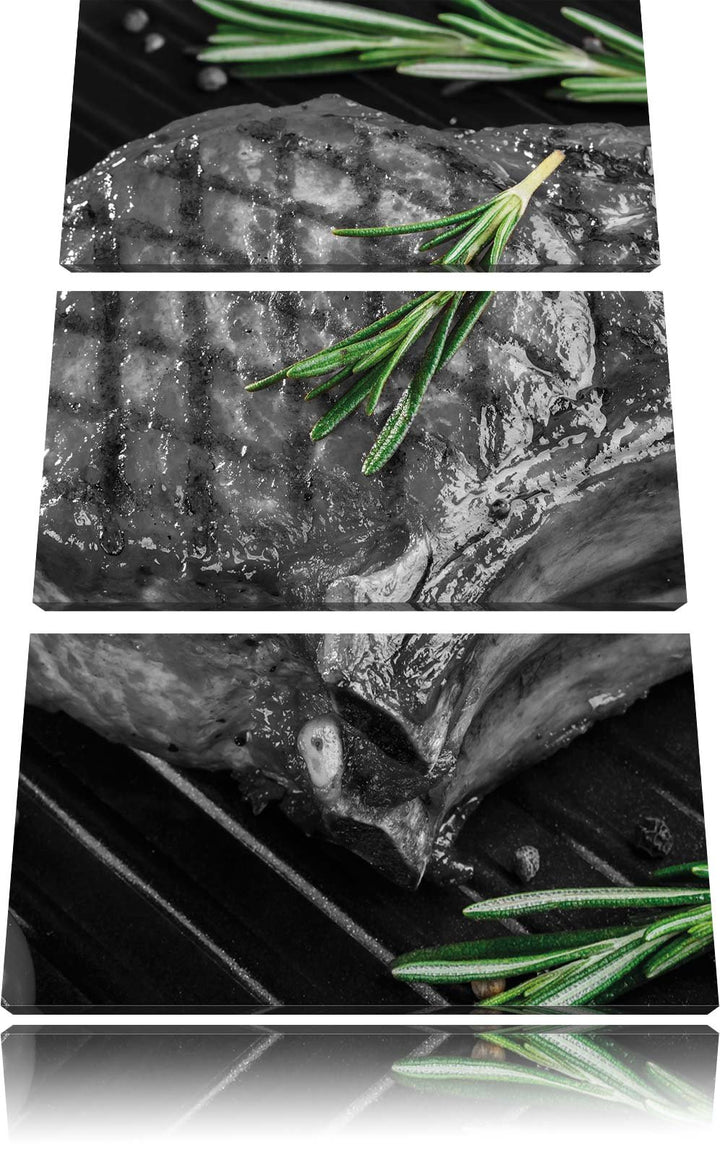 Pixxprint leckeres Rumpsteak auf Grill als Leinwandbild/Grösse: 3 Teilig (120x80) cm/Wandbild/Kunstd