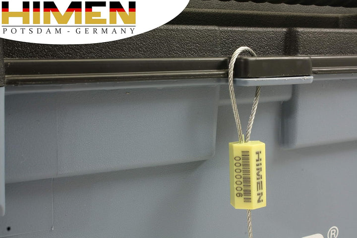 50x PLOMBEN aus Metall mit Drahtseil von HIMEN | Länge 280 mm | fortlaufend nummeriert | mit BARCODE