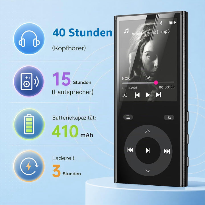 90GB MP3 Player Bluetooth 5.3, Musik Player 2 TF-Kartensteckplätzen, 2,4" Farbbildschirm, Touch-Tast