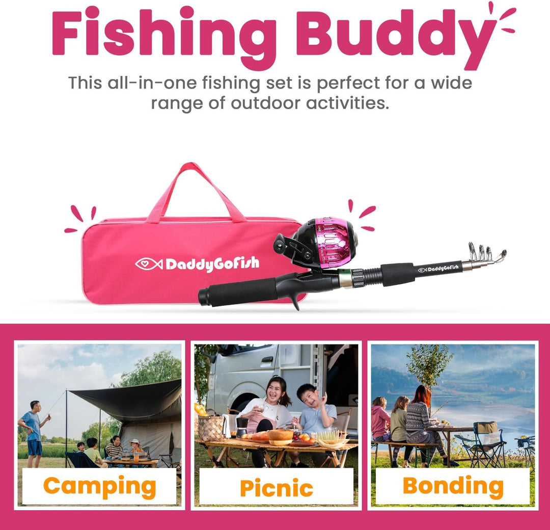 DaddyGoFish Kinder Angelset - Teleskoprute &amp; Rolle Combo mit Klappstuhl, Rutenhalter, Tackle Box, Kö