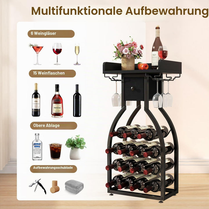 IBUYKE Weinregal Freistehend für 15 Flaschen,Flaschenregal mit Glashaltern und Speicher Schublade,Mi