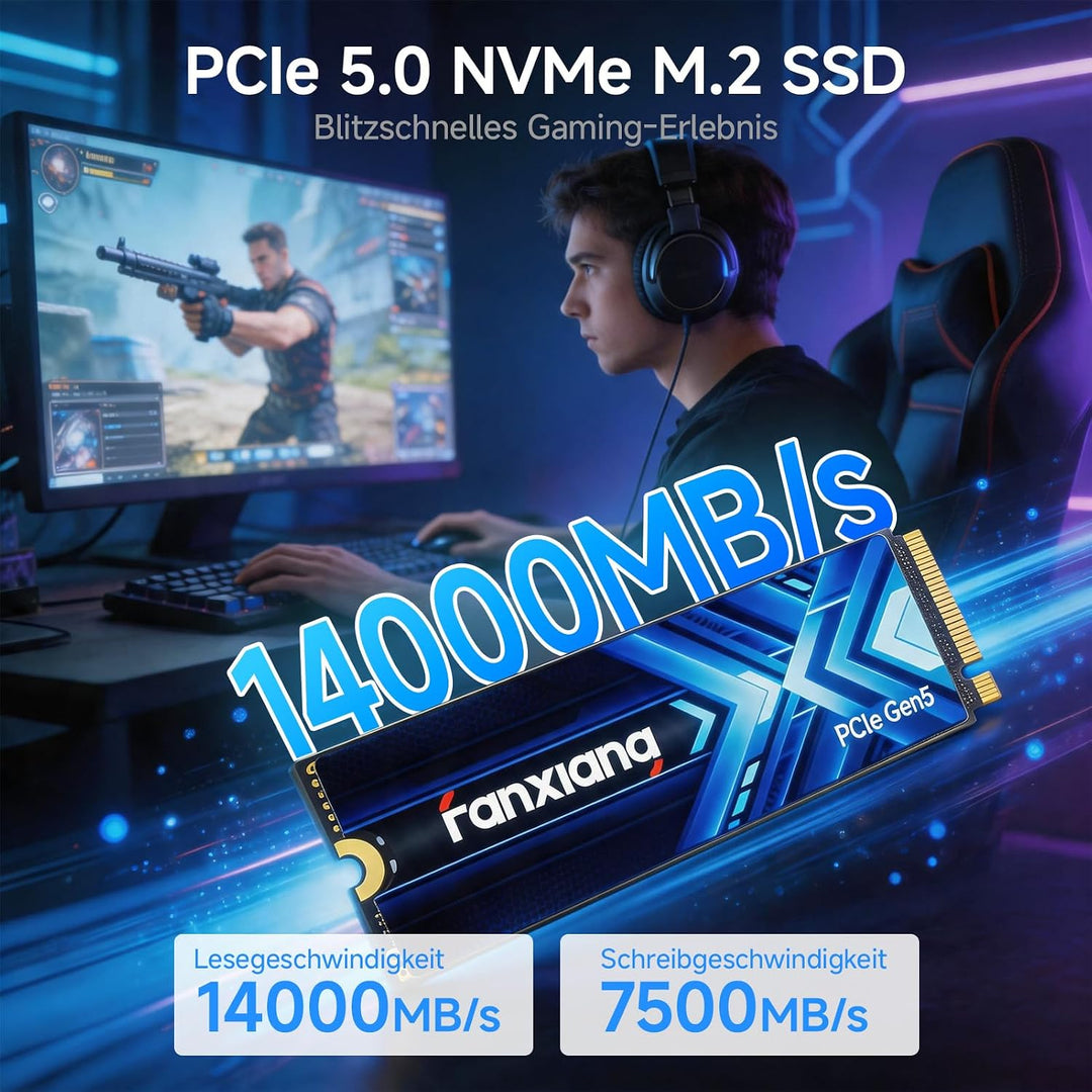 fanxiang S910 1TB PCIe 5.0 x4 NVMe M.2 SSD, Lesegeschwindigkeiten von bis zu 14.000 MB/s, 7.500 MB/s