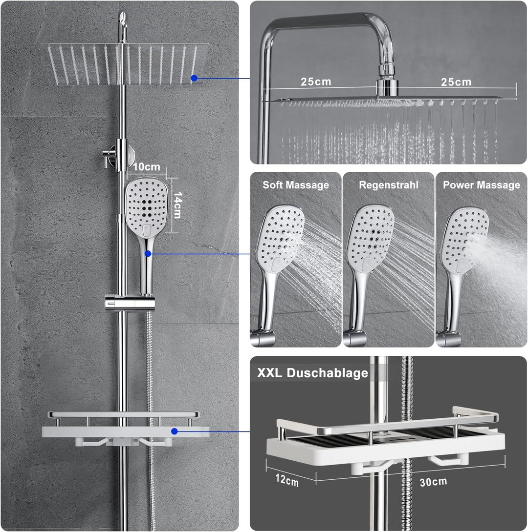 JOHO Edelstahl Regendusche Duschsystem Duschset Duschstange mit Ablage Chrom(Kopfbrause 25x25cm) 252