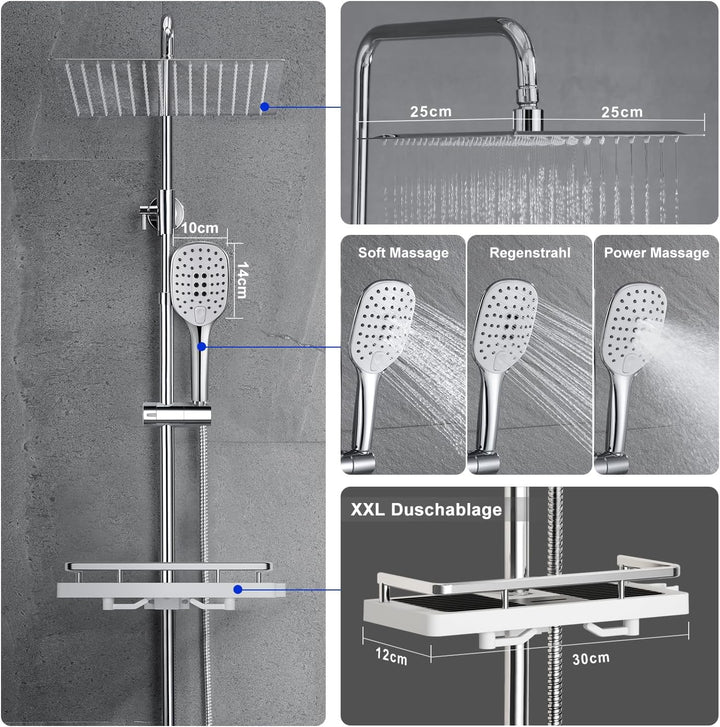 JOHO Edelstahl Regendusche Duschsystem Duschset Duschstange mit Ablage Chrom(Kopfbrause 25x25cm) 252