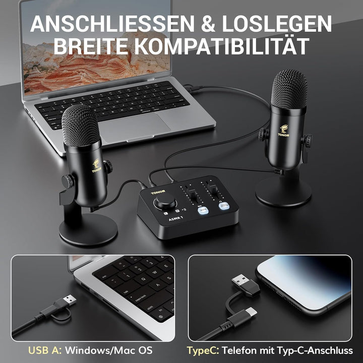 TONOR Podcast Mikrofon Set mit Audio Interface, ASMR Mikrofon, 2 Kondensatormikrofone, Audio Mixer,