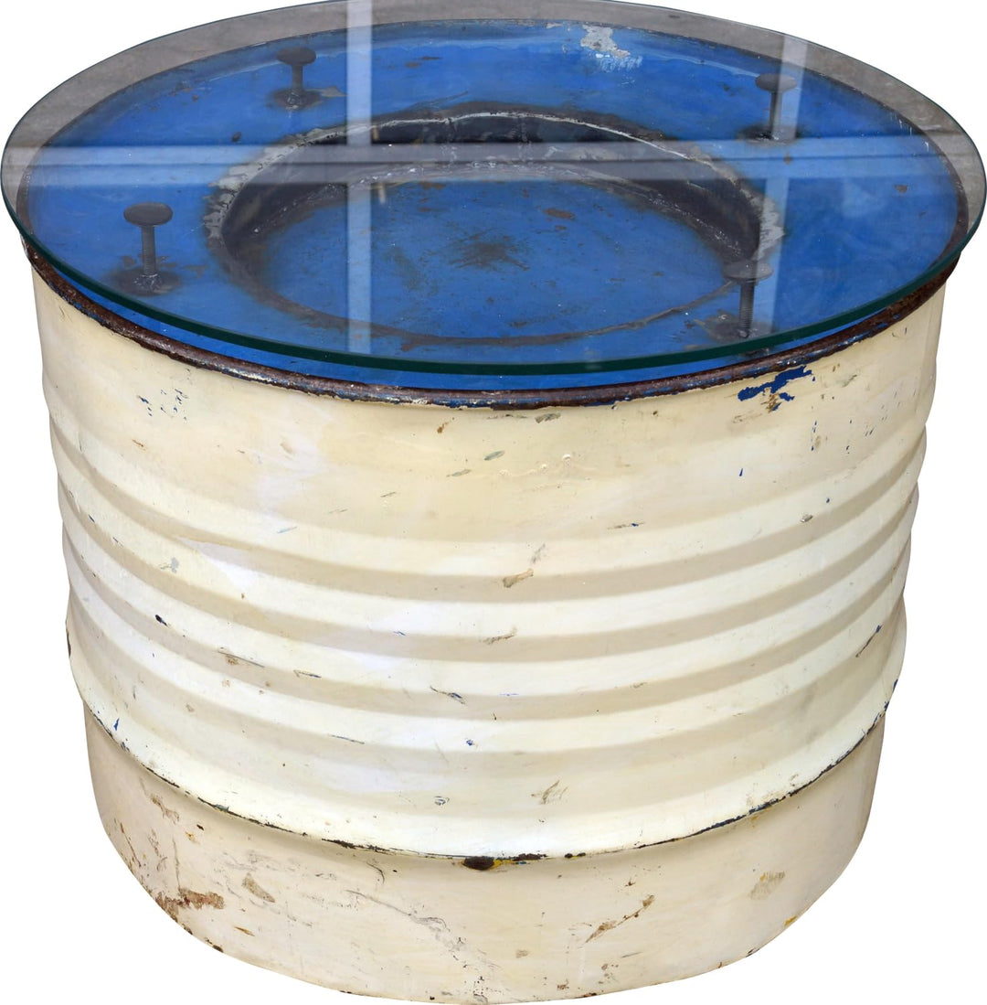 GURU SHOP Metall-Beistelltisch aus Recyceltem Dieselfass mit Glasplatte - Modell 1, Beige, 45x57x57