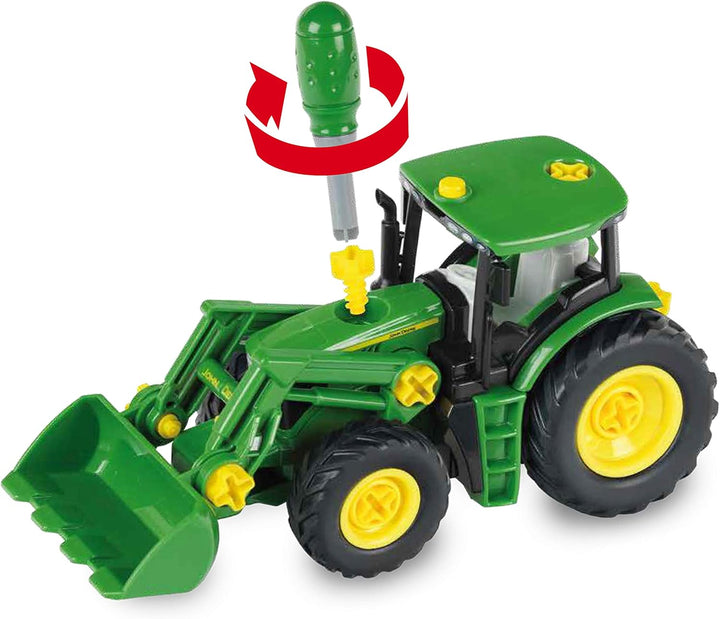 Klein Theo 3906 John Deere Traktor mit Holz- und Heuwagen I Schraubset inkl. Schraubendreher I Masse