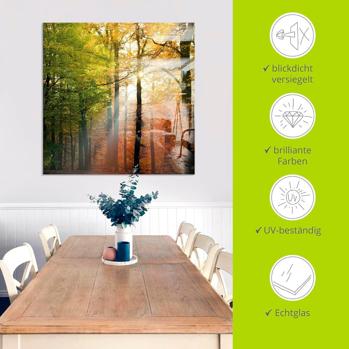 Glasbilder Wandbild Glas Bild einteilig 30x60 cm Hochformat Natur Landschaft Wald Herbst Sonne Bäume