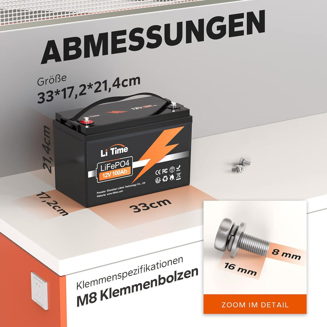 LiTime 12V 100Ah LiFePO4 Batterie, 1280Wh Lithium Akku mit 100A BMS, Max. 15000 Zyklen Ladezyklen, U