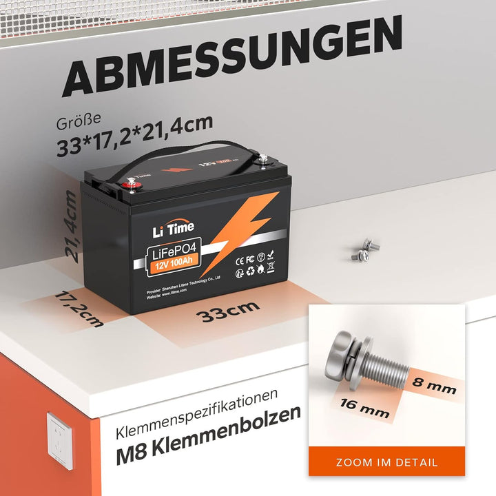 LiTime 12V 100Ah LiFePO4 Batterie, 1280Wh Lithium Akku mit 100A BMS, Max. 15000 Zyklen Ladezyklen, U